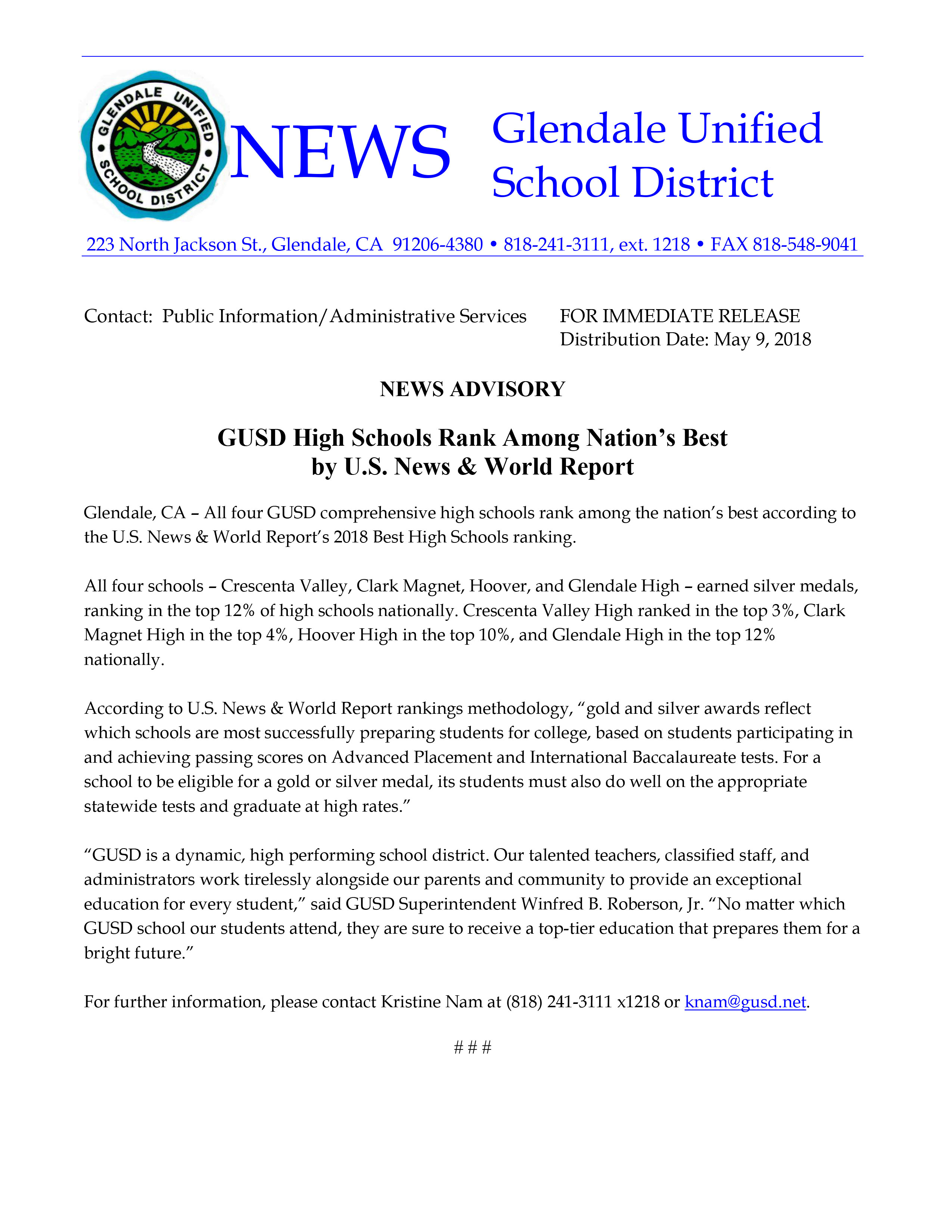 GUSDHighSchoolsRankAmongNationsBestbyUSNewsWorldReport0509